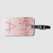 Roos Gold Sparkle Glitter Monogram Naam Bagagelabel (Voorkant (horizontaal))