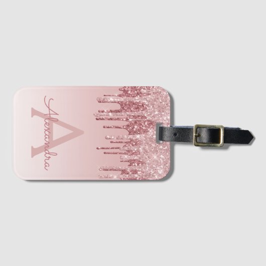 Roos Gold Sparkle Glitter Monogram Naam Bagagelabel (Voorkant (horizontaal))