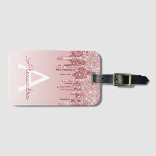 Roos Gold Sparkle Glitter Monogram Naam Bagagelabel (Voorkant (horizontaal))