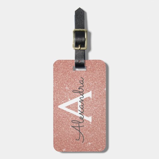 Roos Gold Sparkle Glitter Monogram Naam Bagagelabel (Voorkant verticaal)