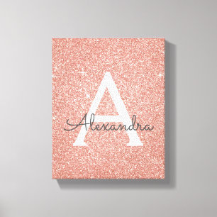 Roos Gold Sparkle Glitter Monogram Naam en Initiaa Canvas Afdruk