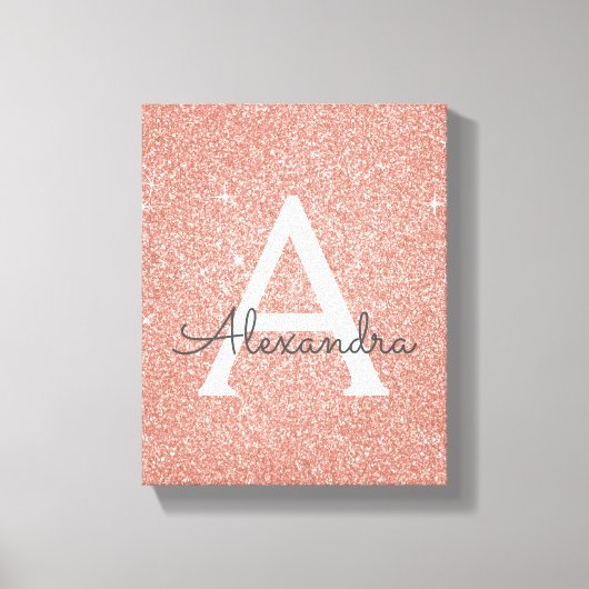 Roos Gold Sparkle Glitter Monogram Naam en Initiaa Canvas Afdruk (Voorkant)