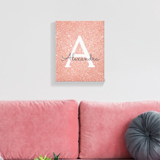 Roos Gold Sparkle Glitter Monogram Naam en Initiaa Canvas Afdruk (Insitu (Woonkamer))