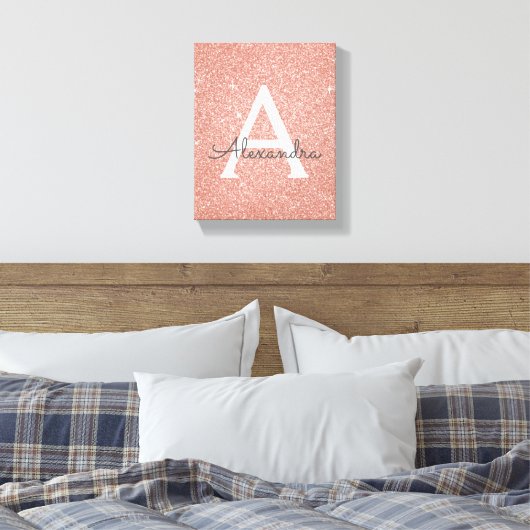 Roos Gold Sparkle Glitter Monogram Naam en Initiaa Canvas Afdruk (Insitu (Slaapkamer))