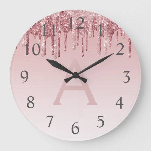 Roos Gold Sparkle Glitter Monogram Naam en Initiaa Grote Klok (Voorkant)