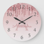 Roos Gold Sparkle Glitter Monogram Naam en Initiaa Grote Klok (Voorkant)