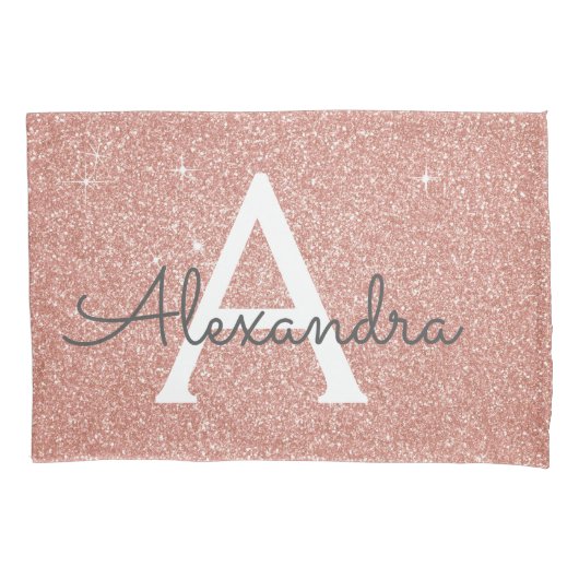 Roos Gold Sparkle Glitter Monogram Naam en Initiaa Kussensloop (Voorkant)