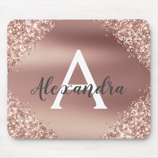 Roos Gold Sparkle Glitter Monogram Name Mousepad Muismat (Voorkant)
