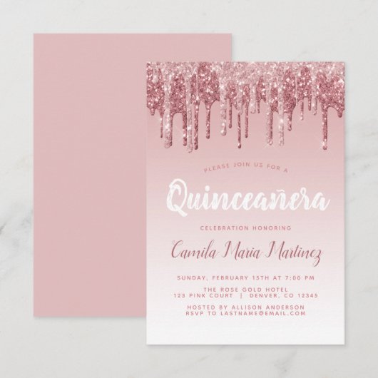 Roos Gold Sparkle Glitter Quinceanera Celebration Kaart (Voorkant / Achterkant)