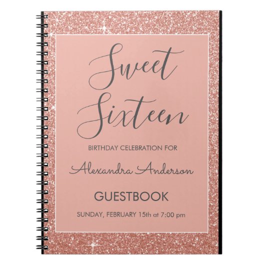 Roos Gold Sparkle Glitter Sweet 16 gastenboek Notitieboek (Voorkant)
