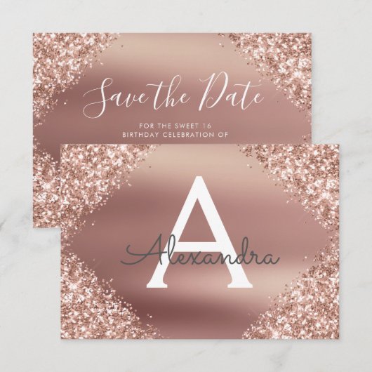 Roos Gold Sparkle Glitter Sweet 16 Save the Date (Voorkant / Achterkant)