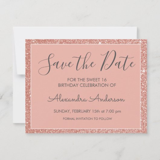 Roos Gold Sparkle Glitter Sweet 16 Save the Date (Achterkant)