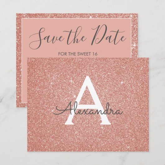 Roos Gold Sparkle Glitter Sweet 16 Save the Date (Voorkant / Achterkant)
