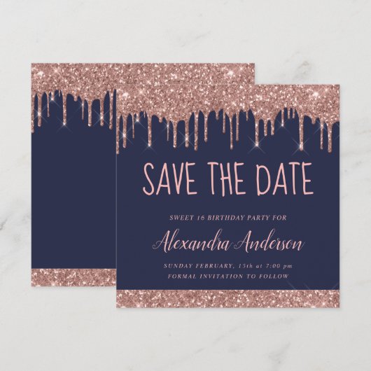 Roos Gold Sparkle Glitter Sweet 16 Save the Date Kaart (Voorkant / Achterkant)