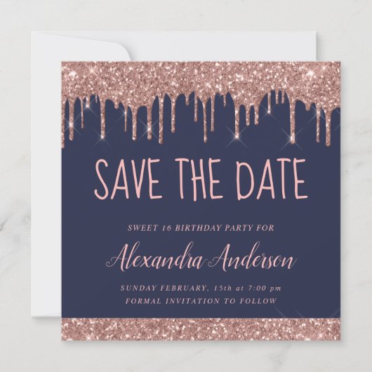 Roos Gold Sparkle Glitter Sweet 16 Save the Date Kaart (Voorkant)