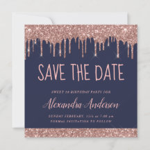Roos Gold Sparkle Glitter Sweet 16 Save the Date