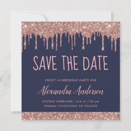 Roos Gold Sparkle Glitter Sweet 16 Save the Date Kaart