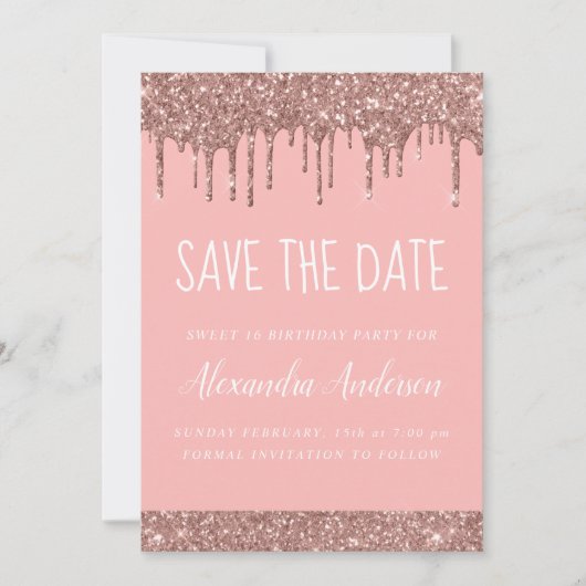 Roos Gold Sparkle Glitter Sweet 16 Save the Date Kaart (Voorkant)