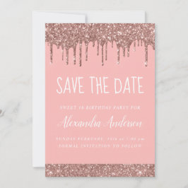 Roos Gold Sparkle Glitter Sweet 16 Save the Date Kaart