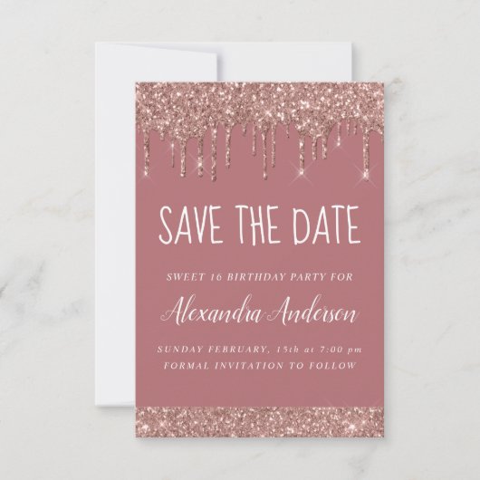 Roos Gold Sparkle Glitter Sweet 16 Save the Date Kaart (Voorkant)