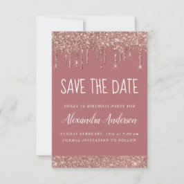 Roos Gold Sparkle Glitter Sweet 16 Save the Date Kaart