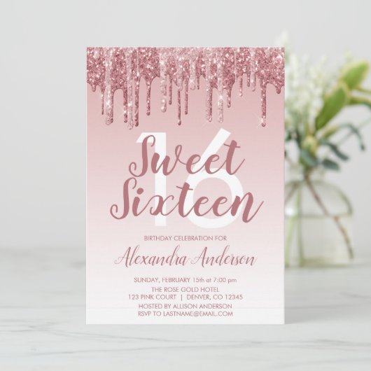 Roos Gold Sparkle Glitter Sweet Sixteen Birthday Kaart (Staand voorkant)