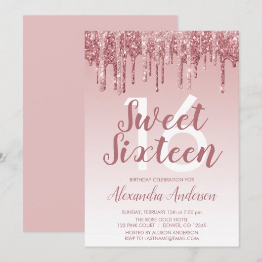 Roos Gold Sparkle Glitter Sweet Sixteen Birthday Kaart (Voorkant / Achterkant)