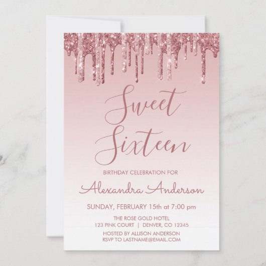 Roos Gold Sparkle Glitter Sweet Sixteen Birthday Kaart (Achterkant)