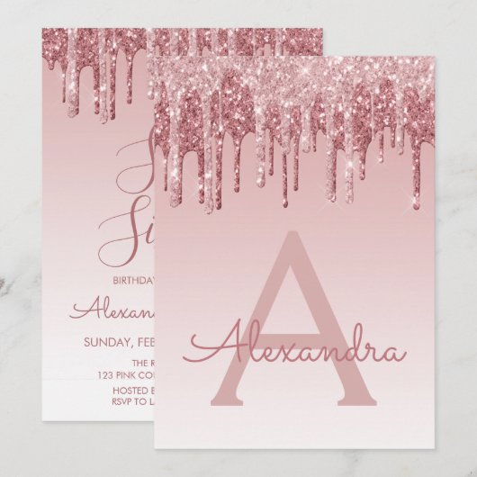 Roos Gold Sparkle Glitter Sweet Sixteen Birthday Kaart (Voorkant / Achterkant)