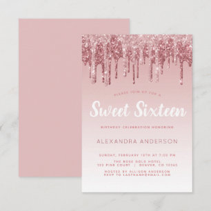 Roos Gold Sparkle Glitter Sweet Sixteen Birthday Kaart