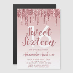 Roos Gold Sparkle Glitter Sweet Sixteen Birthday Magnetische Uitnodiging