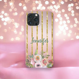Roos Gold Sparkle Gold Stripe met bloemen Case-Mate iPhone Case