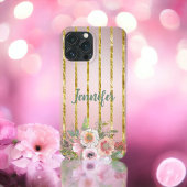 Roos Gold Sparkle Gold Stripe met bloemen Case-Mate iPhone Case