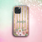 Roos Gold Sparkle Gold Stripe met bloemen Case-Mate iPhone Case