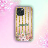Roos Gold Sparkle Gold Stripe met bloemen Case-Mate iPhone Case