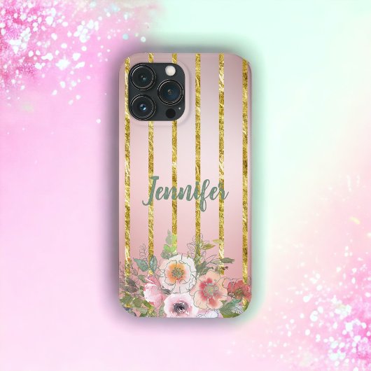 Roos Gold Sparkle Gold Stripe met bloemen Case-Mate iPhone Case
