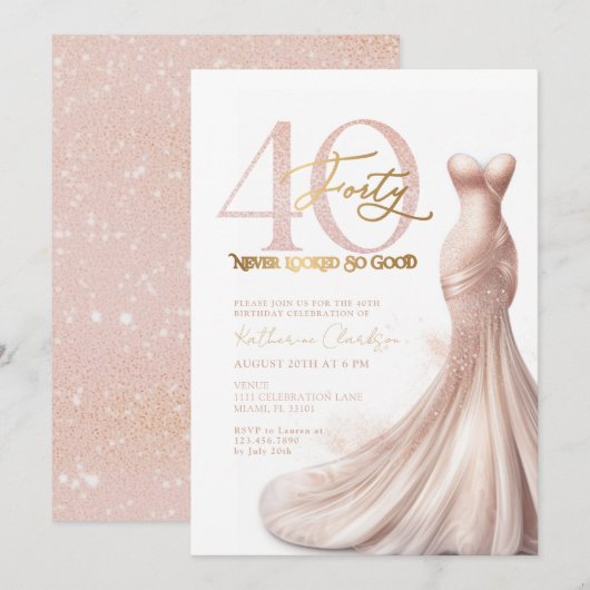 Roos Gold Sparkle Jurk Blush 40e Verjaardagsfeestj Kaart (Voorkant / Achterkant)