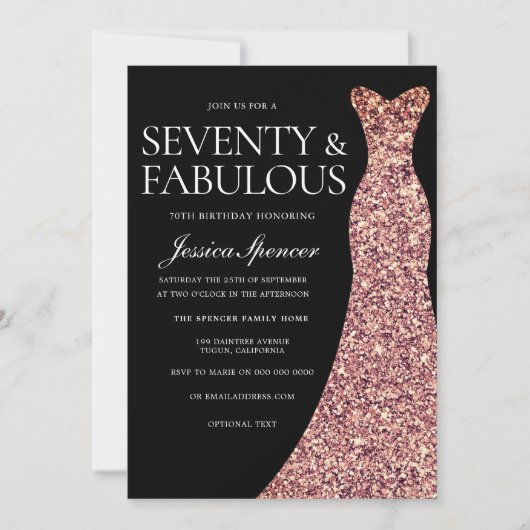 Roos Gold Sparkle Jurk Zwart 70ste Verjaardagsfees Kaart (Voorkant)