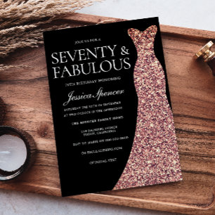 Roos Gold Sparkle Jurk Zwart 70ste Verjaardagsfees Kaart