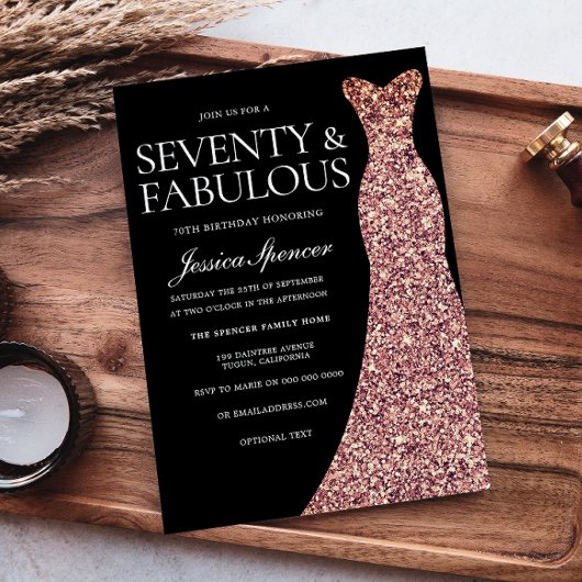 Roos Gold Sparkle Jurk Zwart 70ste Verjaardagsfees Kaart
