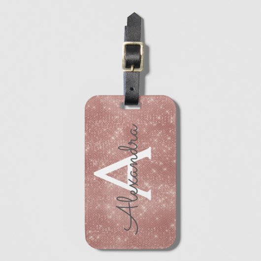 Roos Gold Sparkle Monogram Naam Bagagelabel (Voorkant (verticaal))