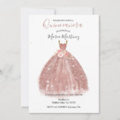 Roos Gold Sparkle Pink Flowers Quincean Invitation Kaart (Voorkant)