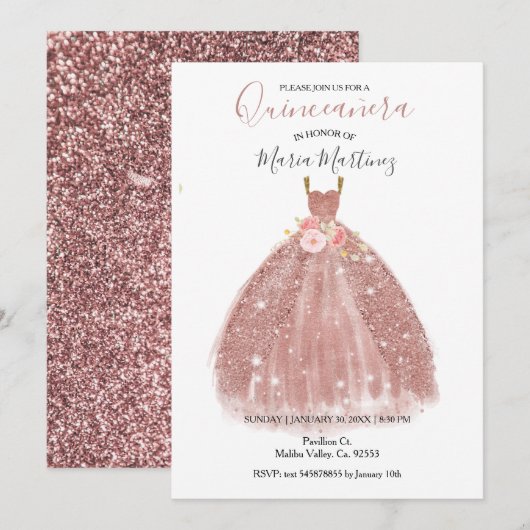 Roos Gold Sparkle Pink Flowers Quincean Invitation Kaart (Voorkant / Achterkant)