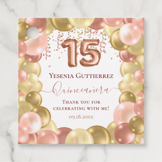 Roos Gold Sparkle Quinceañera-ballon Bedankjes Labels (Voorkant)