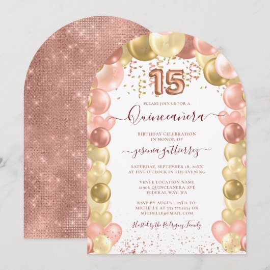 Roos Gold Sparkle Quinceañera-ballon Kaart (Voorkant / Achterkant)