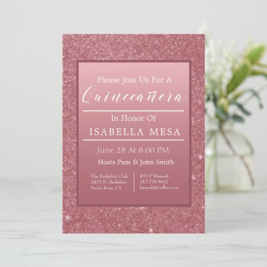 Roos Gold Sparkle Quinceanera Party Kaart (Staand voorkant)