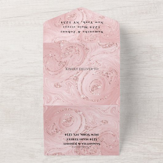 Roos Gold Sparkle RSVP Elegant Modern Weddenschap  All In One Uitnodiging (Buitenkant)