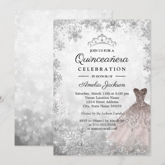 Roos Gold Sparkle Sneeuwvlokken Winter Quinceanera Kaart (Voorkant / Achterkant)