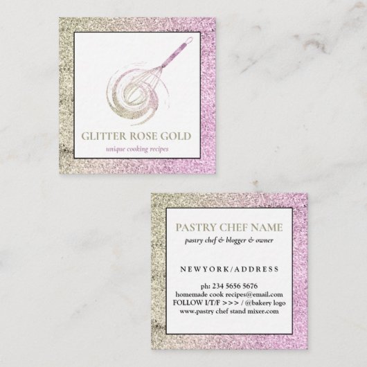Roos Gold Sparkle Whisk Glitter Bakery Pastry Vierkante Visitekaartje (Voorkant / Achterkant)