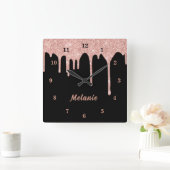 Roos Gold Sparkly Drips Black Clock Aangepaste Naa Vierkante Klok (Huis)